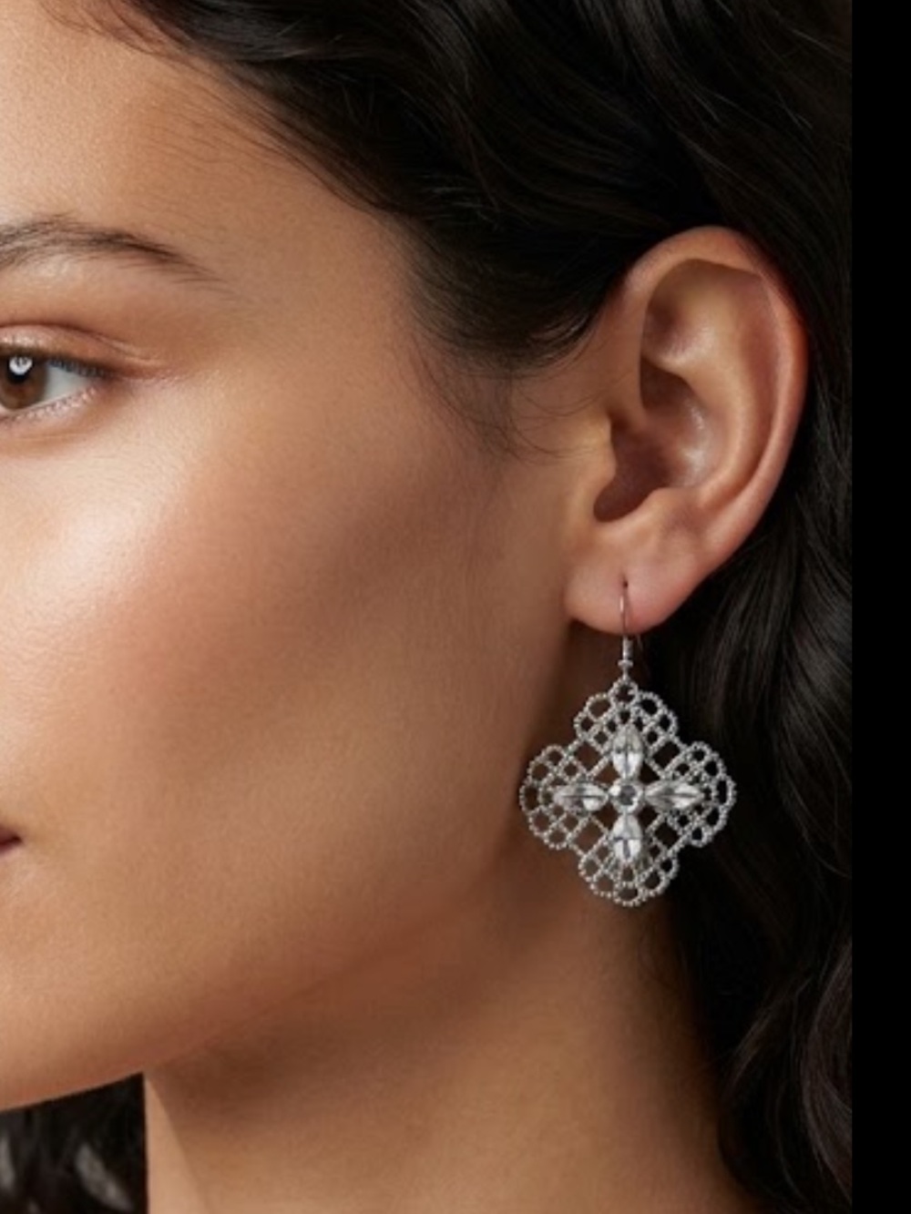 Silver Filigree Drop Earrings with Clear Crystal Accents